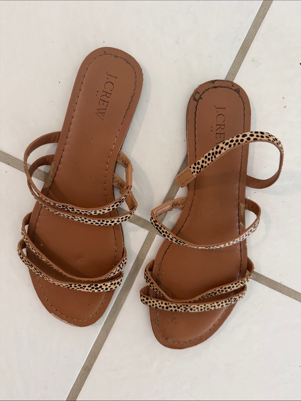 J. Crew Tan Strappy Sandals with Leopard-Print Straps